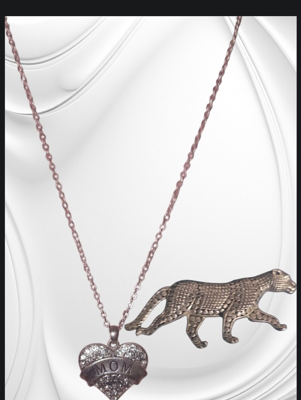 Stamped 925 Cat Brooch & Heart "MOM" Pendant Necklace in Rose Gold Tone